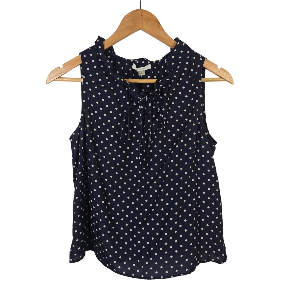 J.Crew Womens Navy Blue White Polka Dot 100% Silk Ruffle Tie Neck Blouse 4 43290